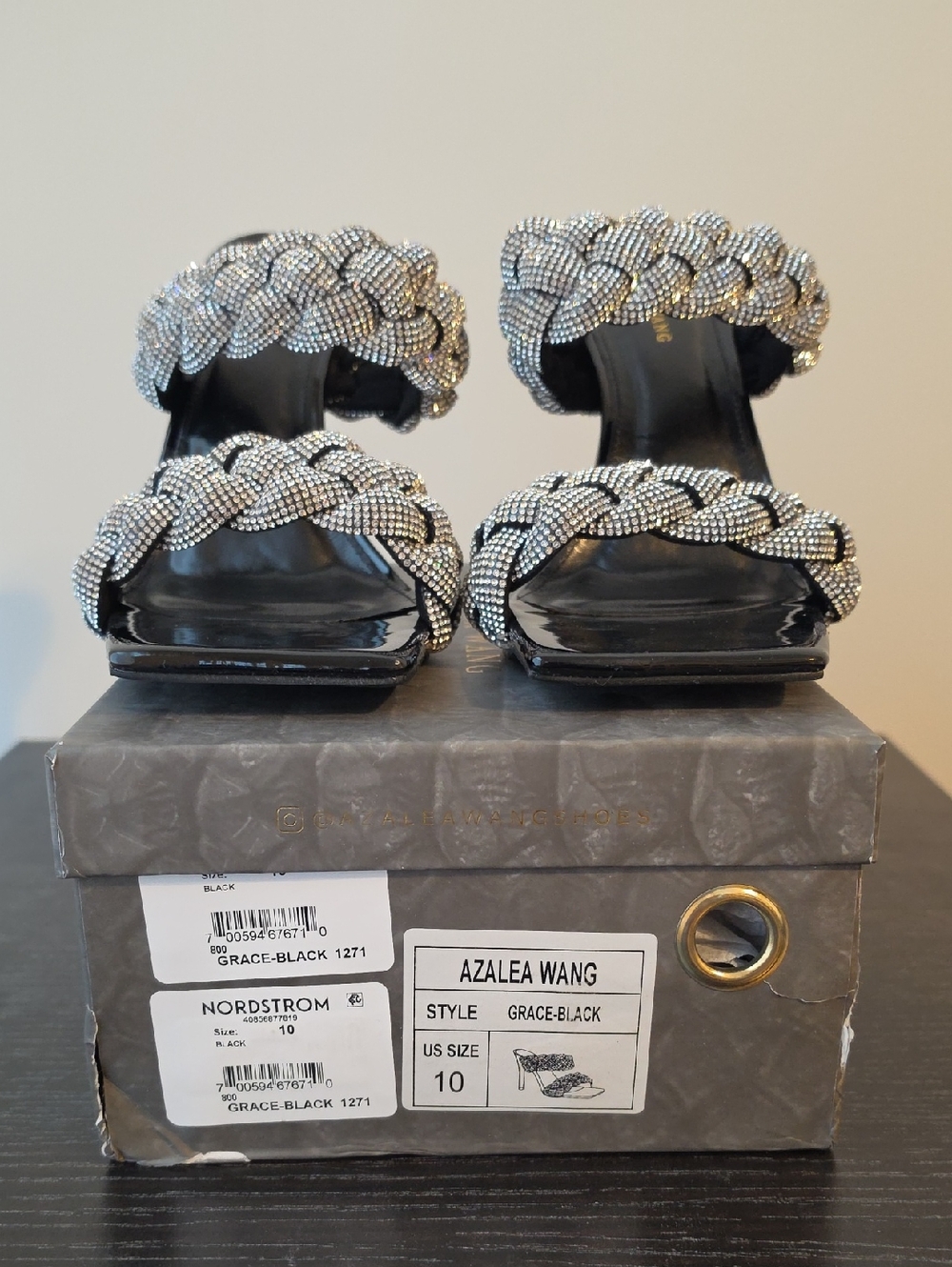 Azalea Wang Grace Black Braided Crystal Heeled Slides, 4.5"